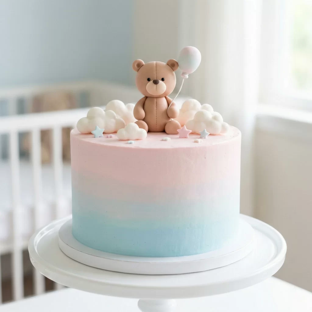 Pastel ombre baby shower cake topped with a cute fondant teddy bear in London.