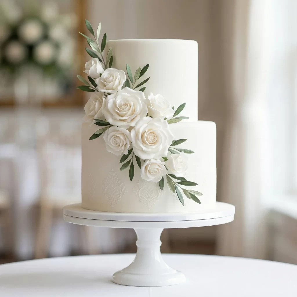 Bespoke two-tier white elegant wedding and engagement cake in London.