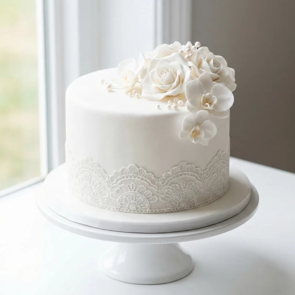 Pristine white lace celebration cake with sugar flowers for events in London.